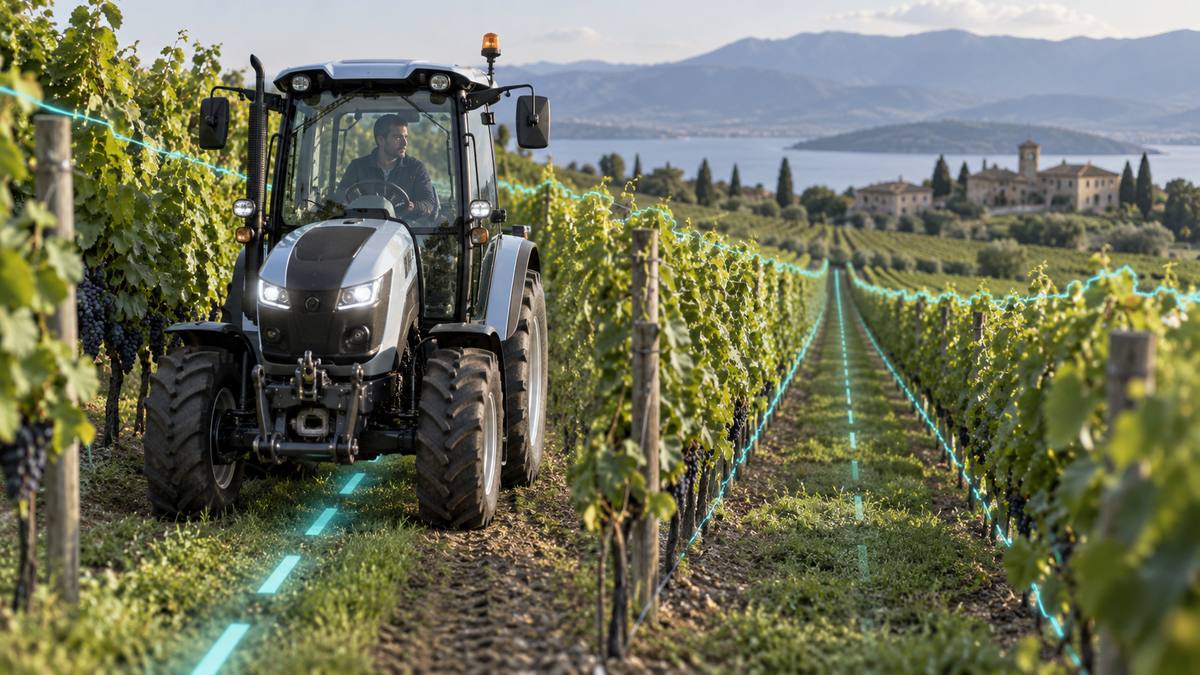 Tractor in a vineyard following a crop row with YAPE guidance