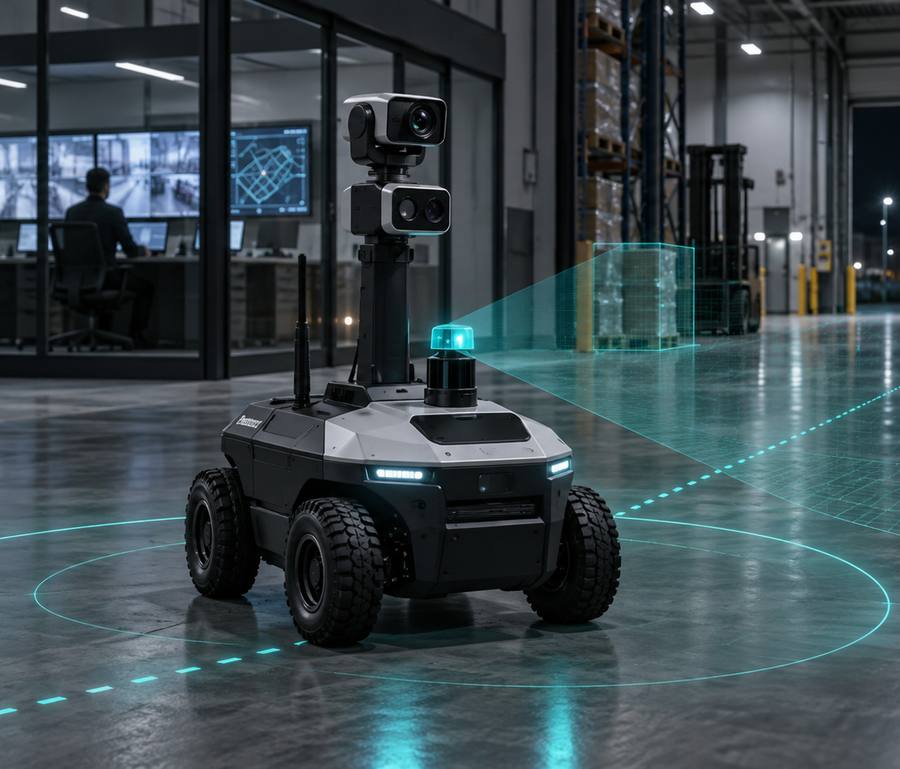 YAPE Guardian mobile robot patrolling a warehouse