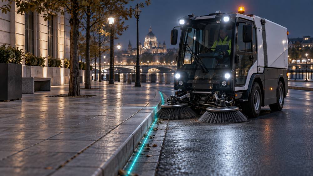 Municipal sweeper following the curb at night