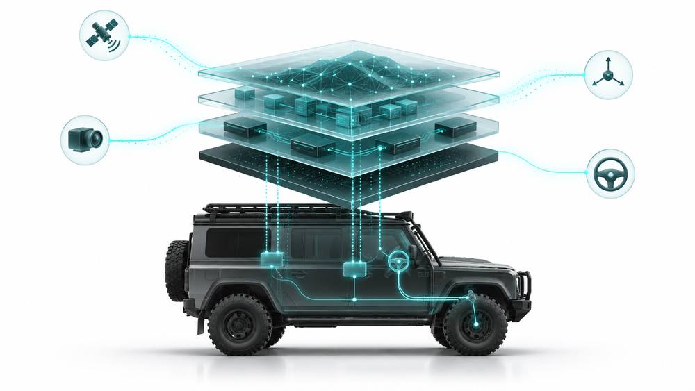 Layered YAPE software stack above a vehicle